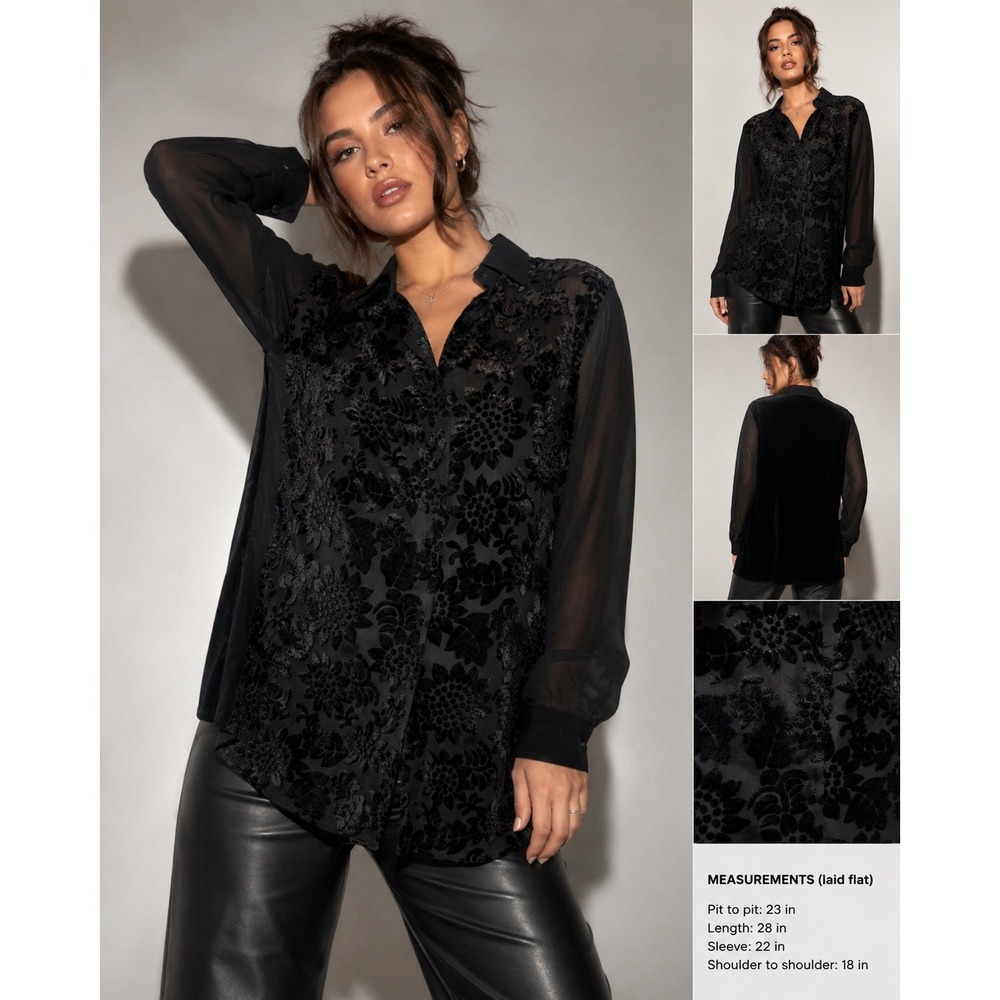 Vintage 90's Burnout Velvet Blouse Black M Floral Sheer Dark Romantic Whimsygoth